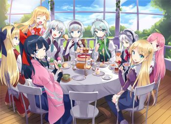 6+girls back black_hair blonde_hair blue_eyes blue_sky blush bow bowtie cake chair closed_eyes cloud cloudy_sky cup dress eating else_shileska elze_silhoueska food fork green_eyes green_hair grey_hair hildegard_minas_restia holding holding_cup holding_fork indoors isekai_wa_smartphone_to_tomo_ni. japanese_clothes kokonoe_yae leen_(isekai_wa_smartphone_to_tomo_ni.) linse_shileska long_hair looking_back lucia_rea_regulus multiple_girls official_art one_eye_closed open_mouth paula_(isekai_wa_smartphone_to_tomo_ni.) pink_hair red_bow red_bowtie sakura_(isekai_wa_smartphone_to_tomo_ni.) short_hair sitting sky soucie_elnea_ortlinde table teacup usatsuka_eiji window yumina_elnea_belfast