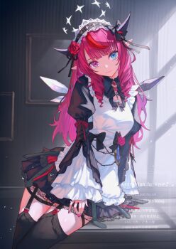 1girl apron black_bow black_dress black_thighhighs blue_eyes blunt_bangs bow breasts brooch closed_mouth commentary crystal_wings cup detached_collar detached_wings dress dress_bow drill_hair drill_sidelocks fingernails flower frilled_apron frilled_dress frills garter_straps hair_bow hairband halo heterochromia highres hololive hololive_english horns irys_(hololive) irys_(maid)_(hololive) jewelry juliet_sleeves layered_sleeves lolita_hairband long_hair long_sleeves looking_at_viewer maid maid_apron multicolored_hair nail_polish official_alternate_costume official_alternate_hairstyle pink_nails pointy_ears puffy_sleeves purple_eyes red_flower red_hair red_rose rose sidelocks solo star_halo streaked_hair thigh_strap thighhighs virtual_youtuber waist_bow watermark white_apron wide_sleeves wings xyunx