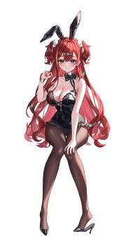 1girl absurdres akane_lize animal_ears bare_arms bare_shoulders black_bow black_bowtie black_leotard black_shoes blonde_streaks blush bow bowtie breasts brown_pantyhose cleavage fake_animal_ears fingernails frilled_leotard frills full_body grey_eyes hair_between_eyes hair_ornament hand_up high_heels highres large_breasts leotard long_fingernails long_hair looking_at_viewer mella_(mell_a12) multicolored_hair nail_polish pantyhose playboy_bunny pom_pom_(clothes) pom_pom_hair_ornament red_hair red_nails shoes simple_background solo stellive two-tone_hair virtual_youtuber white_background