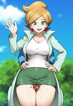 1boy 1girl :d absurdres age_difference blue_jacket blue_sky breasts brown_hair cleavage cloud cowboy_shot day earrings green_eyes green_skirt hand_on_own_hip hetero highres hilbert_(pokemon) i_b_(yaun2242) jacket jewelry lab_coat large_breasts long_sleeves looking_at_viewer mature_female nintendo onee-shota open_mouth outdoors penis pokemon pokemon_bw precum professor_juniper shirt short_hair shota skirt sky smile standing teeth thigh_sex thighs tree upper_teeth_only waist_grab waving white_shirt