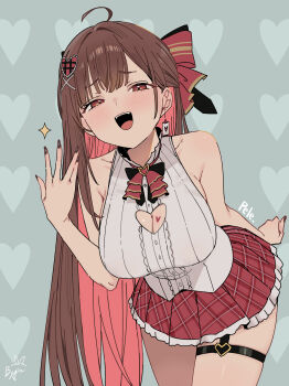 Rule 34 | 1girl, absurdres, ahoge, bow, breasts, brown hair, brown nails, bygin, chinese commentary, cleavage, cleavage cutout, clothing cutout, colored inner hair, commentary request, earrings, envision, garter straps, green background, hair bow, highres, jewelry, large variant set, leaning forward, long hair, looking at viewer, multicolored hair, pele (vtuber), pink hair, red bow, red hair, red skirt, shirt, skirt, sleeveless, sleeveless shirt, smile, solo, standing, thigh strap, variant set, virtual youtuber, white shirt