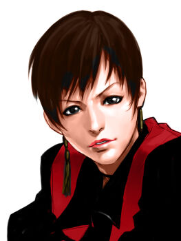 1girl black_eyes brown_hair earrings female_focus formal_clothes highres jewelry looking_at_viewer pale_skin short_hair suit the_king_of_fighters vice_(kof)
