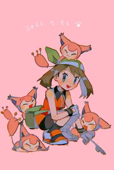 1girl :d bandana black_shorts brown_hair cat_day dated dress fanny_pack full_body gen_3_pokemon gloves grey_eyes highres hinann_bot looking_at_viewer may_(pokemon) may_(pokemon_emerald) nintendo open_mouth orange_dress orange_shoes pink_background pokemon pokemon_(creature) pokemon_emerald pokemon_rse shoes shorts simple_background skitty sleeveless sleeveless_dress smile