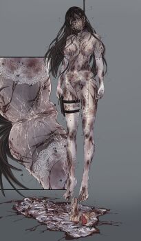 1girl absurdres anus bleeding blood censored china_dress chinese_clothes commission corpse cum cum_in_pussy cum_on_body decay decaying_skin dress garter_belt guro hanged high_heels highres holster hua_diemeng long_hair maggot necrophilia nullchan pixiv_commission pussy rot_fly rotting thigh_holster very_long_hair