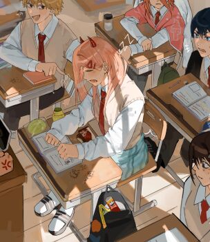 1other 2girls 3boys absurdres angel_devil_(chainsaw_man) angel_wings anger_vein backpack bag black_hair black_jacket black_pants blonde_hair blue_eyes blue_skirt book bread brown_eyes brown_hair chainsaw_man chair classroom closed_eyes collared_shirt commentary demon_girl demon_horns denell denji_(chainsaw_man) desk drink food grey_sweater_vest hair_ornament hairclip hayakawa_aki higashiyama_kobeni highres horns indoors jacket long_hair melon_bread multiple_boys multiple_girls necktie open_book open_mouth orange_hair pants pink_hair pink_sweater pointing power_(chainsaw_man) pringles_can red_horns red_necktie sandals school_chair school_desk school_uniform shirt short_hair sitting skirt sleeping socks sweater sweater_vest untranslatable_commentary white_shirt white_socks wings