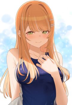07nono06 1girl absurdres arm_behind_back blue_one-piece_swimsuit blush breasts collarbone commentary competition_swimsuit gakuen_idolmaster hand_on_own_chest highres idolmaster looking_at_viewer medium_breasts mole mole_under_eye one-piece_swimsuit orange_hair shiun_sumika smile solo straight_hair swimsuit upper_body