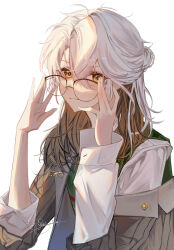 Rule 34 | 1other, absurdres, adjusting eyewear, brown hair, colored inner hair, fang, glasses, hair between eyes, highres, long hair, looking at viewer, medicine pocket, multicolored hair, official alternate costume, reverse:1999, signature, single off shoulder, skin fang, solo, white hair, yellow eyes, yena s