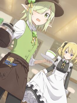 2girls alternate_costume aoi_(princess_connect!) apron beret black_pants black_ribbon blonde_hair blunt_bangs blurry blurry_background blush brown_apron cafe center_frills chloe_(princess_connect!) coffee_pot collared_shirt cowboy_shot cup dutch_angle enmaided frills fujiyama_(yellow) green_eyes green_hair green_vest hair_over_one_eye hair_ribbon hands_up hat highres holding holding_coffee_pot holding_plate long_sleeves looking_at_viewer maid maid_apron multiple_girls neck_ribbon open_mouth pants plank plate pointy_ears princess_connect! purple_eyes ribbon shirt sidelocks skirt_hold sweatdrop swept_bangs twintails vest waist_apron wavy_mouth white_shirt yellow_ribbon