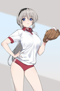 Rule 34 | 1girl, ball, baseball (object), baseball glove, blue eyes, buruma, clannad, collared shirt, commentary request, grey hair, gym shirt, gym uniform, hand on own hip, highres, kiya hajime, long hair, looking at viewer, red buruma, sakagami tomoyo, school uniform, shirt, short sleeves, solo, standing, thighs, white shirt