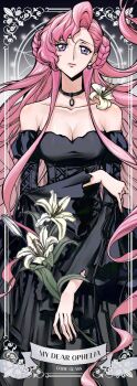 1girl black_choker black_dress breasts choker cleavage code_geass donut_hair_bun dress euphemia_li_britannia flower frown hair_bun highres holding holding_flower jewelry long_hair long_sleeves necklace pink_hair purple_eyes solo urinxychjzzwlof very_long_hair white_flower
