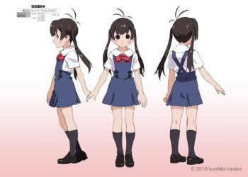 2018 3girls anime_coloring antenna_hair arm_at_side artist_name black_eyes black_hair black_shoes blue_dress bow bowtie buttons character_name character_profile collared_shirt commentary_request copyright_name dated doumeki_mayu dress dress_shoes full_body gradient_background grey_socks ichigeki_sacchuu!!_hoihoi-san kneehighs kneepits legs_apart loafers multiple_girls multiple_views official_art open_mouth pinafore_dress pleated_dress production_art profile red_bow red_bowtie reference_sheet second-party_source shirt shirt_tucked_in shoes short_sleeves sleeveless sleeveless_dress socks standing tanaka_kunihiko translation_request twintails two-tone_background white_sleeves wing_collar