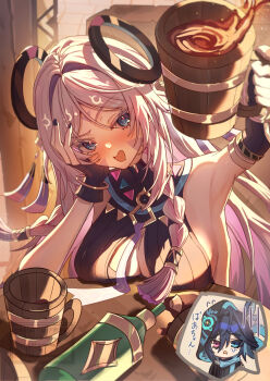 1boy 1girl absurdres alcohol beer beer_mug black_leotard blue_eyes blush breast_rest breasts citlali_(genshin_impact) commentary_request cup drunk fingerless_gloves floating_headgear genshin_impact gloves hair_intakes headgear highres holding holding_cup large_breasts leotard long_hair maaashuro mug open_mouth ororon_(genshin_impact) pink_hair table very_long_hair
