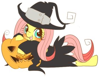 Rule 34 | animal, animal focus, aqua eyes, black dress, blair (soul eater), blair (soul eater) (cosplay), blush, clothed animal, commentary request, cosplay, dress, fluttershy, hat, horse, jack-o'-lantern, katou emiri, long hair, long sleeves, looking at viewer, lowres, miketoevecan, my little pony, my little pony: friendship is magic, no humans, open mouth, pink hair, pony (animal), simple background, solo, soul eater, voice actor connection, white background, witch, witch hat