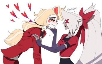 2girls bilidongdong black_bow black_bowtie black_choker black_nails black_skirt blonde_hair blush bow bowtie charlie_morningstar choker circle_facial_mark collarbone colored_sclera colored_skin english_text grey_hair grey_lips grey_skin hair_bow hand_on_another&#039;s_face hazbin_hotel heart hellaverse jacket leaning_forward long_hair looking_at_another low_ponytail multiple_girls pants ponytail red_bow red_eyes red_jacket red_pants simple_background skirt smile vaggie white_background yellow_sclera yuri