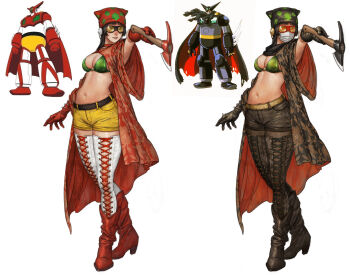 2girls axe beanie black-framed_eyewear black_getter black_gloves black_hair black_hat black_scarf boots bra breasts brown_boots brown_pantyhose brown_thighhighs choker cleavage coat crossed_legs full_body getter-1 getter_robo gloves goggles green_bra hat headphones hime_cut holding holding_axe humanization long_hair mask medium_breasts mouth_mask multiple_girls navel official_art_inset outstretched_arm pantyhose pointing pointing_at_viewer pointing_melee_weapon red-framed_eyewear red_boots red_choker red_coat red_gloves red_hat reference_inset scarf shin_getter_robo short_shorts shorts spiked_gloves spiked_knuckles standing studded_gloves surgical_mask tahra thighhighs tinted_eyewear tomahawk underwear watson_cross white_mask white_thighhighs wide_sleeves yellow-tinted_eyewear yellow_shorts