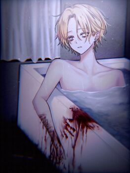 Rule 34 | 1boy, absurdres, bathroom, bathtub, bleeding, blonde hair, blood, blood splatter, bob cut, commentary, cuts, highres, injury, looking at viewer, male focus, original, parted lips, partially submerged, self-harm, solo, sweat, untranslatable commentary, wrist cutting, yyy9675
