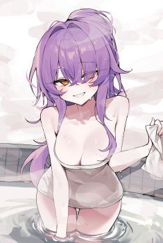 1girl absurdres breasts cleavage collarbone commentary_request danbal eyes_visible_through_hair hair_intakes hair_over_one_eye highres korean_commentary long_hair looking_at_viewer medium_breasts naked_towel original purple_hair refraction solo steam thighs towel very_long_hair wading