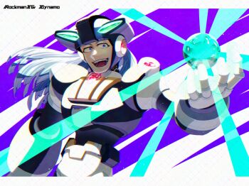 Rule 34 | 1boy, armor, black armor, black helmet, blue background, blue hair, commentary request, cowboy shot, dynamo (mega man), glowing, helmet, male focus, mega man (series), mega man x (series), open mouth, solo, sznami129, white background