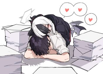 1boy 1girl black_hair black_horns black_jacket blue_archive blush closed_eyes commentary_request demon_horns grey_halo halo head_rest heart highres hood hood_down hooded_jacket horns hug jacket je_o_mo kayoko_(blue_archive) korean_commentary low_wings medium_hair multicolored_hair paper_stack ponytail red_skirt sensei_(blue_archive) shadow shirt short_hair short_sleeves simple_background skirt sleeping speech_bubble spoken_heart streaked_hair striped_horns table white_background white_hair white_shirt wings