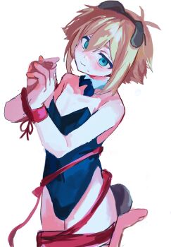 Rule 34 | 1boy, animal ear hairband, animal ears, bare arms, bare legs, bare shoulders, barefoot, basil (faraway) (omori), basil (omori), black bow, black bowtie, black hairband, black leotard, black tail, blonde hair, blue eyes, blush, bound, bound legs, bow, bowtie, bulge, closed mouth, commentary request, covered navel, cowboy shot, crossdressing, crossdressing (mtf), detached collar, double-parted bangs, fake animal ears, fake tail, flipped hair, from above, hair between eyes, hairband, hands up, highres, leotard, male focus, omori, own hands together, playboy bunny, rabbit ear hairband, rabbit ears, rabbit tail, red ribbon, restrained, ribbon, short hair, sidelocks, simple background, smile, solo, standing, standing on one leg, strapless, strapless leotard, sweatdrop, tail, tokkooyaku, white background