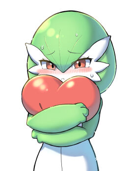 1girl :< blush bob_cut closed_mouth colored_skin embarrassed female_focus gardevoir gen_3_pokemon green_hair green_skin hair_between_eyes half-closed_eyes heart heart-shaped_pillow holding holding_pillow hugging_object looking_at_viewer multicolored_skin nervous nervous_sweating nintendo nose_blush pillow pokemon pokemon_(creature) raised_eyebrows red_eyes sara_(sublender1234) short_hair simple_background solo split_mouth standing sweat two-tone_skin upper_body white_background white_skin