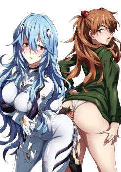 1boy 2girls absurdres age_difference ass ass-to-ass ayanami_rei bare_legs between_buttocks black_hair blue_hair blush bodysuit butt_crush closed_mouth commentary_request curvy evangelion:_3.0+1.0_thrice_upon_a_time eyepatch femdom giant giantess girl_on_top girl_sandwich green_jacket hair_between_eyes headgear hetero highres huge_ass ikari_shinji interface_headset_(evangelion) jacket long_hair looking_back mecha_pilot_suit mini_person miniboy multiple_girls neon_genesis_evangelion non-web_source onee-shota open_mouth orange_hair panties plugsuit_(evangelion) rebuild_of_evangelion red_eyes sandwiched school_uniform shiny_skin simple_background size_difference skin_tight source_request souryuu_asuka_langley thong tokyo-3_middle_school_uniform torture tsundere underwear very_long_hair white_background white_bodysuit white_panties