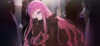 1girl absurdres atelier_(series) atelier_resleriana black_ribbon blunt_bangs bottle brown_dress bullying center_frills collared_dress crying dress frills game_cg hand_on_own_face hand_over_eye highres holding holding_bottle indoors juliet_sleeves lara_trockel liquid long_hair long_sleeves non-web_source official_art people pink_hair puffy_sleeves purple_eyes ribbon ringlets sad sidelocks spoilers tears very_long_hair wet wet_hair