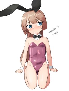 1girl absurdres animal_ear_hairband animal_ears black_bow black_bowtie blue_eyes bow bowtie breasts brown_hair dated detached_collar facing_viewer fake_animal_ears hairband highres kantai_collection kazagumo_(kancolle) leotard loli long_hair maru_(marg0613) one-hour_drawing_challenge playboy_bunny purple_leotard rabbit_ears sideways_glance simple_background small_breasts solo strapless strapless_leotard twitter_username white_background wrist_cuffs