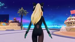 1girl 3d alternate_costume alternate_hairstyle animated ass ass_shake bodysuit from_behind gloves hair_ribbon highres legs looking_at_viewer neptune_(series) outdoors ponytail ribbon sound tagme thighs vert_(neptunia) video walking