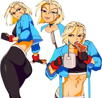 1girl 3amsoda absurdres antenna_hair black_choker black_gloves black_pants blonde_hair blue_eyes blue_jacket bracelet buttons cammy_white choker collared_jacket commentary cropped_jacket dot_nose eating food gloves hair_between_eyes highres jacket jewelry making_faces multiple_views navel pants scar scar_on_face short_hair simple_background street_fighter street_fighter_6 white_background yoga_pants