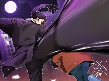 Rule 34 | 1boy, 1girl, black eyes, black hair, black jacket, black pants, blue pants, building, commentary request, cowboy shot, fighting, fighting stance, highres, itsuki 24824, jacket, kicking, leg up, long hair, long sleeves, looking at viewer, majima goro, makimura makoto, night, outdoors, pants, ponytail, profile, red jacket, ryuu ga gotoku (series), ryuu ga gotoku 0, v-shaped eyebrows