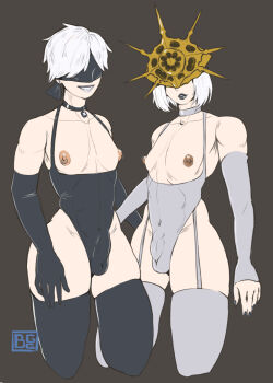 2boys 9s_(nier:automata) blindfold bulge choker dark_souls_(series) dark_souls_i dark_sun_gwyndolin elbow_gloves fingerless_gloves fromsoftware garter_straps gloves headgear highres multiple_boys nier:automata nier_(series) nipple_piercing nipple_rings nipples penis piercing thick_thighs thighhighs thighs trap white_hair yaoi