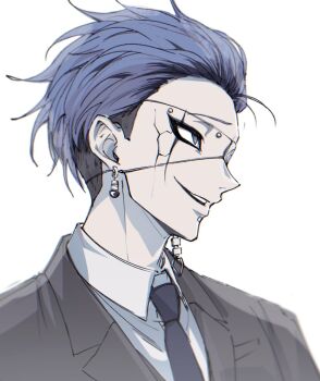 1boy alternate_hairstyle black_hair black_jacket black_necktie blue_hair chamuchai collared_shirt commentary_request cracked_skin earrings eye_print eyepatch face_piercing facial_mark formal_clothes from_side grin hair_slicked_back highres jacket jewelry labret_piercing looking_ahead male_focus multicolored_hair necktie omokage_yugamu piercing print_eyepatch shirt short_hair simple_background smile solo suit the_hundred_line_-last_defense_academy- undercut upper_body white_background white_shirt