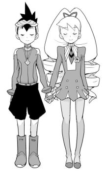 1boy 1girl bad_id boots bow closed_eyes dress drill_hair eyewear_on_head fingerless_gloves geo_stelar_(mega_man) gloves hair_bow heriyama holding_hands jewelry long_hair luna_platz_(mega_man) mega_man_(series) mega_man_star_force_(series) necklace pantyhose simple_background smile twin_drills very_long_hair white_background