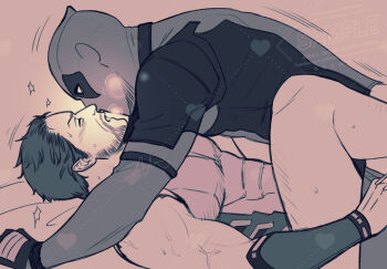 2boys beard blush bodysuit bottomless breath claw_(weapon) closed_eyes clothed_sex commentary_request couple deadpool deadpool_&amp;_wolverine deadpool_(series) facial_hair gloves highres implied_sex leg_hair male_focus marvel marvel mask missionary moaning multiple_boys muscular muscular_male open_mouth pectorals sherlock7akane short_hair sleeveless superhero_costume veins veiny_arms weapon wolverine_(x-men) x-men yaoi