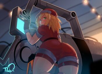 1girl ass bike_shorts bike_shorts_under_shorts black_gloves blonde_hair newsboy_cap commentary english_commentary female_focus from_behind gloves green_eyes hat highres huge_ass jumpsuit looking_at_viewer looking_back machinery medium_hair mega_man_(series) mega_man_legends_(series) nyantcha red_jumpsuit red_shorts roll_caskett_(mega_man) screen_light shorts sleeves_rolled_up smile solo thighs