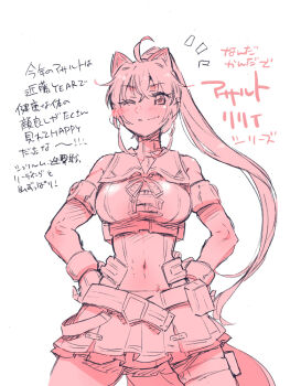 1girl ;) ahoge animal_ears assault_lily bare_shoulders belt_pouch blush breasts cat_ears chest_belt commentary_request covered_navel elbow_gloves fake_animal_ears fingerless_gloves gloves hands_on_own_hips high_ponytail kondou_misaka long_hair medium_breasts miniskirt monochrome neck_ribbon notice_lines one_eye_closed pleated_skirt ponytail pouch red_theme ribbon sailor_collar santouka shirt simple_background skirt sleeveless sleeveless_shirt smile solo standing thigh_pouch thigh_strap translation_request underbust very_long_hair white_background