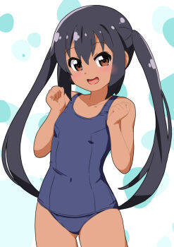 1girl bare_arms bare_legs bare_shoulders black_hair blue_one-piece_swimsuit blush breasts brown_eyes collarbone dark-skinned_female dark_skin dot_nose feet_out_of_frame female_focus hair_between_eyes johnko_ k-on! legs long_hair looking_at_viewer nakano_azusa one-piece_swimsuit open_mouth small_breasts smile solo standing swimsuit tan twintails