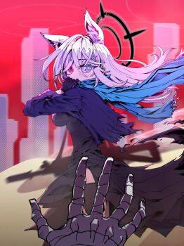 Rule 34 | 1boy, 1girl, animal ear fluff, animal ears, assault rifle, black dress, black gloves, blue archive, blue eyes, blue jacket, blush, building, covered mouth, cross hair ornament, dress, dust, fake animal ears, floating hair, geonbanmaen, gloves, grey hair, gun, gun sling, hair ornament, halo, highres, jacket, long hair, looking at viewer, looking to the side, phrenapates (blue archive), pouch, pov, pov hands, rifle, scarf, shiroko terror (blue archive), standing, thigh pouch, torn clothes, torn dress, torn jacket, weapon