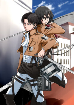 1boy 1girl affair bad_tag betrayal black_eyes black_hair blue_sky boots brown_jacket cheating_(relationship) cloud day disgrace disgust hair_between_eyes holding holding_sword holding_weapon incest jacket levi_(shingeki_no_kyojin) llmonakall mikasa_ackerman military military_uniform neckerchief netorare netorase official_style open_clothes open_jacket out_of_character outdoors pants parted_lips red_scarf scarf shingeki_no_kyojin short_hair sky standing sword unfaithful weapon white_neckerchief white_pants