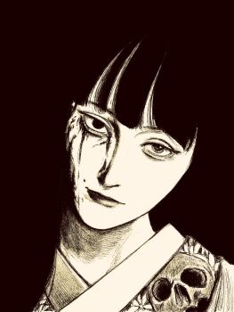 Rule 34 | black background, black hair, blunt bangs, greyscale, head tilt, highres, hime cut, japanese clothes, kimono, long hair, looking at viewer, monochrome, original, skull print, tp p pt