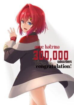 1girl absurdres ange_katrina ange_katrina_(1st_costume) black_coat blue_eyes cardigan character_name coat commentary_request congratulations cowboy_shot crossed_bangs english_text finger_counting from_behind gradient_eyes hair_between_eyes hair_intakes hair_ornament hand_up highres long_sleeves looking_back medium_hair mihyaeeru milestone_celebration multicolored_eyes nijisanji off_shoulder open_mouth purple_eyes red_cardigan red_hair smile solo triangle_hair_ornament turning_head virtual_youtuber white_background