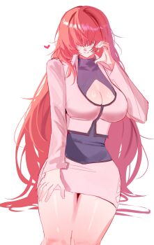 1girl absurdres breasts cleavage_cutout clothing_cutout curvy dan_koflove dress female_focus fishnets heart highres huge_breasts jacket large_breasts long_hair long_sleeves pale_skin red_hair shermie_(kof) skirt smile smiley_face the_king_of_fighters thick_thighs thighs wide_hips