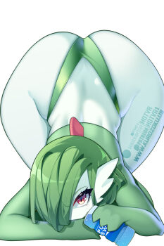 1girl artist_name ass bottle colored_skin drink drinking female_focus gardevoir gen_3_pokemon green_hair green_panties green_skin hair_over_one_eye highleg highleg_panties highres holding holding_bottle holding_drink hot_vr looking_at_viewer mature_female multicolored_skin nintendo one_eye_covered panties patreon_username pixiv_username pokemon pokemon_(creature) red_eyes short_hair sidelocks simple_background skindentation solo sports_drink straight-on subscribestar_username thick_thighs thighs thong top-down_bottom-up two-tone_skin underwear watermark web_address white_background white_skin wide_hips