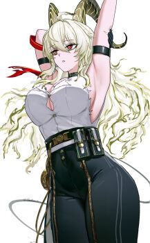 1girl arm_strap arm_up armpits bad_id bad_twitter_id black_choker black_horns black_pants black_tail breasts button_gap choker commentary cowboy_shot curled_horns hair_between_eyes hashtag-only_commentary high-waist_pants highres horns large_breasts mole mole_under_eye pants parted_lips red_eyes shirt shirt_tucked_in simple_background skrillex_li solo tight_clothes tight_pants torn_clothes torn_shirt twitter_username white_background white_shirt wuthering_waves zani_(wuthering_waves)