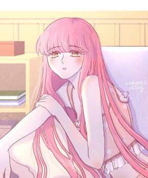 1girl bare_arms bare_shoulders blunt_bangs book bookshelf bra couch cowboy_shot cross-laced_bra dated expressionless eyelashes frilled_bra frills hand_on_own_arm highres ho_cong lace lace-trimmed_bra lace_trim light_blush lips long_hair long_sidelocks looking_at_viewer midriff nikki_(nikki) nikki_(series) on_couch panties parted_lips pink_bra pink_hair pink_lips pink_panties pointy_nose polka_dot polka_dot_bra shining_nikki sidelocks signature sitting solo straight_hair underwear upper_body very_long_hair yellow_eyes