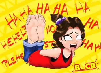 1girl aged_down arms_behind_back artist_request baggy_pants bare_shoulders barefoot blue_eyes bracelet brown_hair child collarbone constricted_pupils curtained_hair denim donkey_kong_(series) donkey_kong_bananza english_text eyelashes feet feet_together female_focus flat_chest foot_up freckles full_body greek_toe hair_intakes hair_ornament highres jeans jewelry laughing legs_together lips looking_back lying medium_hair neck nintendo on_stomach open_mouth pants pants_rolled_up parted_bangs pauline_(mario) pauline_(young)_(mario) red_shirt shirt side_ponytail sidelocks sleeveless sleeveless_shirt soles thick_eyebrows tickle_torture tickling tickling_feet toes topknot undershirt yellow_background