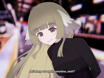 1girl :d arknights arms_behind_back bird_girl blunt_ends blurry blurry_background blush chromatic_aberration commentary depth_of_field dot_nose english_commentary english_text feather_hair green_hair gribberoni grin heart heart_in_eye highres leaning_to_the_side long_hair long_sleeves looking_at_viewer open_mouth poncirus_(arknights) purple_eyes smile solo subtitled symbol_in_eye train_station upper_body