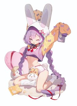 1girl :o absurdres animal_ear_hood arms_up bag_of_chips bow braid braided_twintails bright_pupils cellphone center-flap_bangs chips_(food) commentary_request creature cropped_hoodie dolphin_shorts double-parted_bangs fake_animal_ears fang food full_body highres holding holding_phone hood hood_ornament hoodie inari_(tenko_shibuki) korean_commentary long_hair long_sleeves loose_socks meoreng_illust multicolored_eyes multicolored_hoodie navel neck_ribbon one_eye_closed parted_lips phone potato_chips purple_bow purple_slippers purple_sports_bra red_ribbon ribbed_socks ribbon short_shorts shorts sitting skin_fang sleeve_bow sleeves_past_wrists slippers smartphone socks solo sports_bra stellive stomach stretching tenko_shibuki too_many_bows twintails very_long_hair virtual_youtuber white_shorts white_socks yellow_pupils