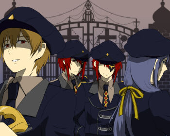 4boys ace_(kuni_no_alice) alternate_costume brown_hair cross dual_persona eyepatch gate grin guards hair_ribbon hand_on_own_hip hat heart heart_no_kuni_no_alice hip_focus joker_(kuni_no_alice) julius_monrey male_focus multiple_boys necktie nonn outdoors peaked_cap purple_eyes purple_hair red_eyes red_hair ribbon shaded_face sky smile uniform upper_body weapon